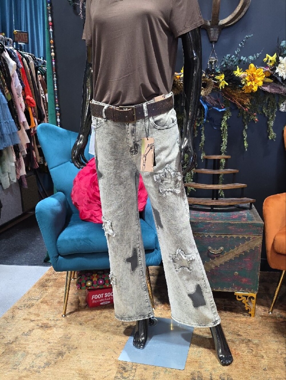 Women’s Yellowish Grey Brown Distressed Wash Jeans with Stars